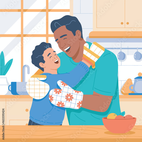 Father and Son Embrace in Kitchen Joyful Cooking Moment Together with Oven Mitts and Happiness