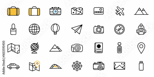 Travel and tourism icons vector set for vacation planning and adventure trip with transportation items icons collection on transparent background