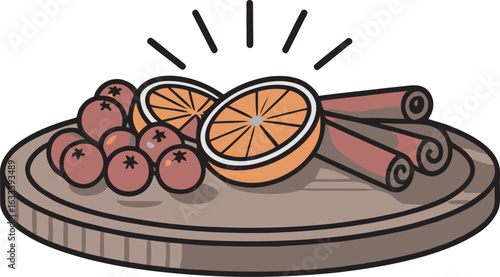 Festive Autumn Still Life with Citrus, Berries, and Cinnamon Sticks on a Wooden Platter