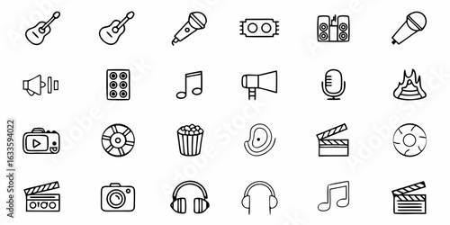 Media production icons: guitar, microphone, camera, music notes, headphones and more for creative projects icons collection on transparent background