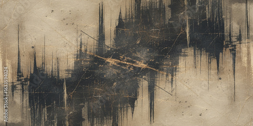 Abstract texture of grunge brush strokes with rough black scratches and parchment-like appearance with a beige or light brown tone, marked by scratches, splatters, and faint lines vector background.