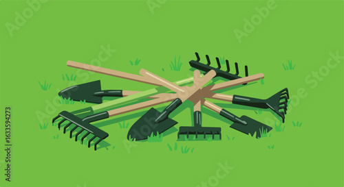 Piled rakes and shovels rest on green lawn amidst scattered grass blades