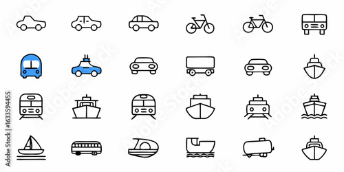 Transportation vehicle icons set including car bicycle bus train boat ship and other transportations icons set icons collection on transparent background