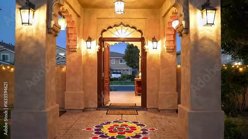 Illuminated Home Entrance Decorated with Festive Lights and Rangoli for Diwali
