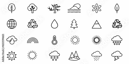 Nature and weather icons vector set for environment, ecology, seasons, and climate change projects exactly hundred icons collection on transparent background