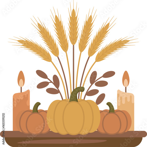 Harvest Still Life with Pumpkins, Wheat, and Candles on Transparent Background