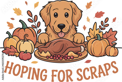 Humorous Canine Illustration with Autumnal Elements and a Plea for Table Scraps