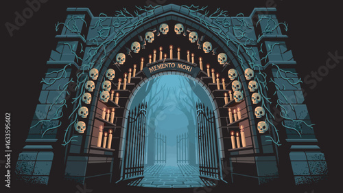 Memento Mori Skull Gate with Candles Leading to a Misty Forest Landscape