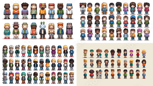 Colorful character illustration featuring diverse people in modern casual outfits. Pixel-art inspired style perfect for diversity, teamwork, community, and social media design projects.