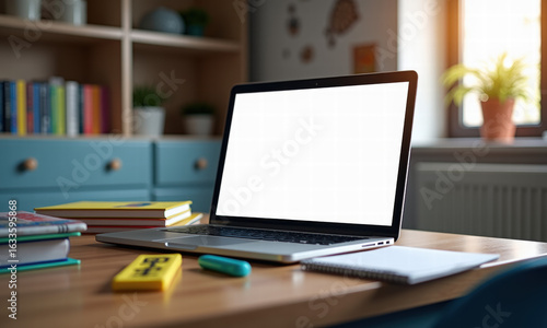 Wallpaper Mural Open Laptop on Desk with Books and Natural Light Torontodigital.ca