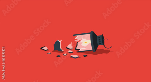 Broken lamp with glass shards scattered against a plain red background