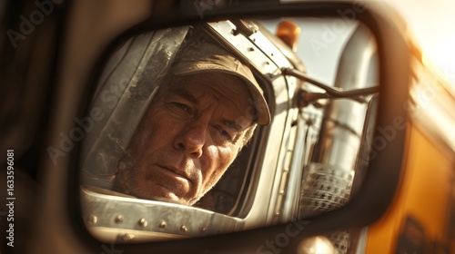Man reflected in truck side mirror wearing cap looking tired or concerned.