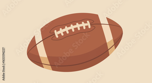 Simplistic brown football with white laces and stripe on tan background