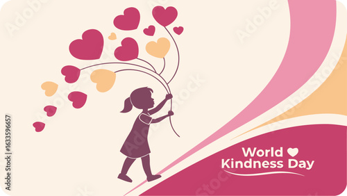 World kindness day greeting card with a girl holding heart shaped balloons isolated on white background