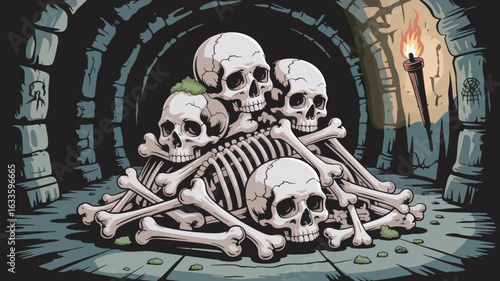 Pile of Skulls and Bones in a Stone Dungeon with Torchlight Illuminating the Scene