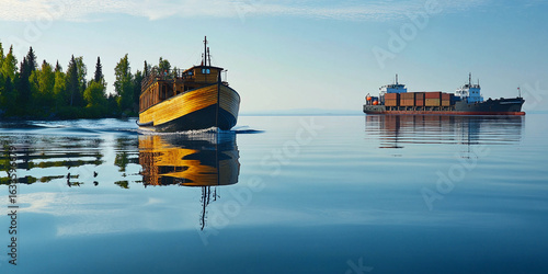 Wooden soapbox ferry navigating calm waters at dawn Generative AI