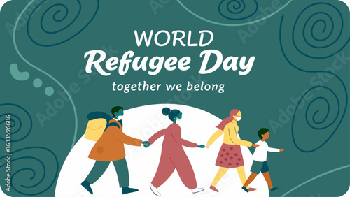 World refugee day greeting card with people holding hands together we belong isolated on white background