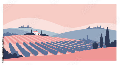 Vineyard landscape with rolling hills and distant town view in pastel hues