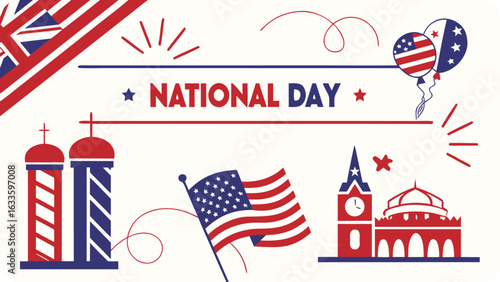 Celebrate national day with american flag, balloons and landmarks to promote patriotic independence and cultural pride isolated on white background