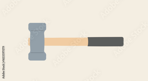 Gray mallet with wooden handle, black grip, simple flat design