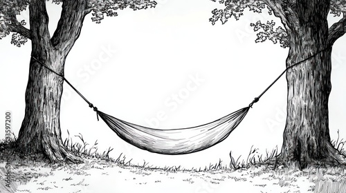 Line drawing of hammock between two trees in black and white