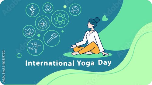 Illustration for international yoga day featuring a woman in a meditative pose promoting health and wellness