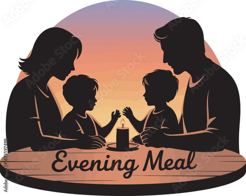 Silhouette of Family at Evening Meal with Candlelight on a Gradient Sunset Backdrop
