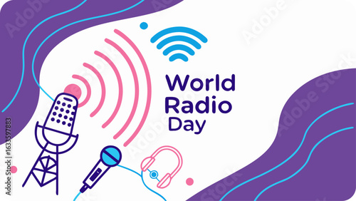 Celebrate world radio day with vintage microphone and antenna broadcasting sound waves and music