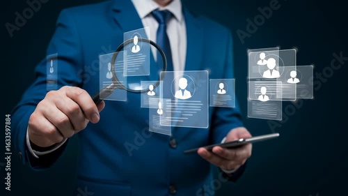 Wallpaper Mural Human Resources & Recruitment: Businessman in Blue Suit Reviews Candidate Profiles with Magnifying Glass and Tablet - Talent Search & Hiring Concept Torontodigital.ca