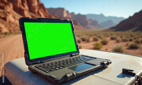 Rugged Laptop with Green Screen in Desert Landscape