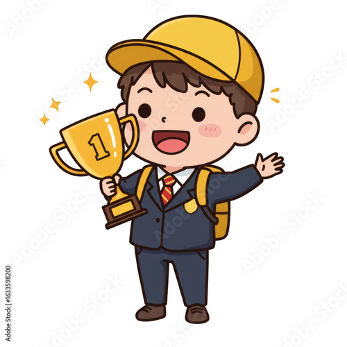 A cartoon boy in school uniform holds a trophy, celebrating a victory. isolated on a transparent background, png, cutout