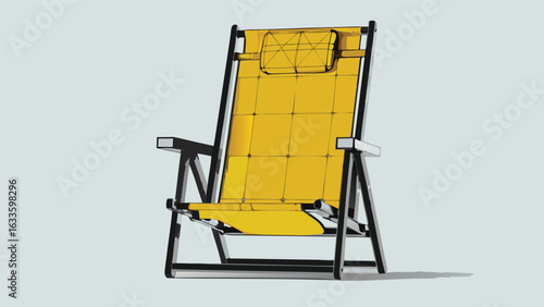 Illustration of a yellow beach chair with black frame and white armrests on a white background