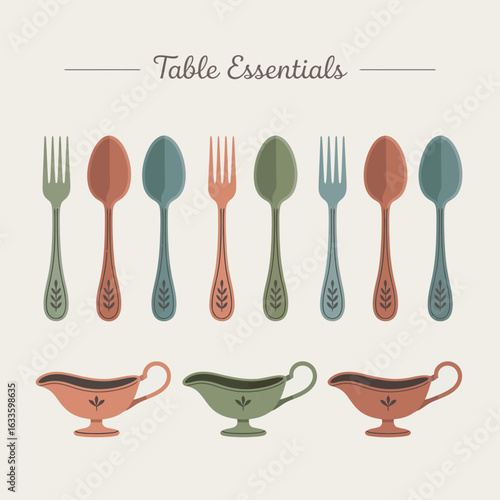 Table Essentials Illustration Cutlery Gravy Boat Spoon Fork Dinnerware Kitchenware