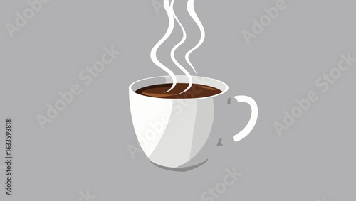 Simple white coffee cup with hot steaming coffee on gray background