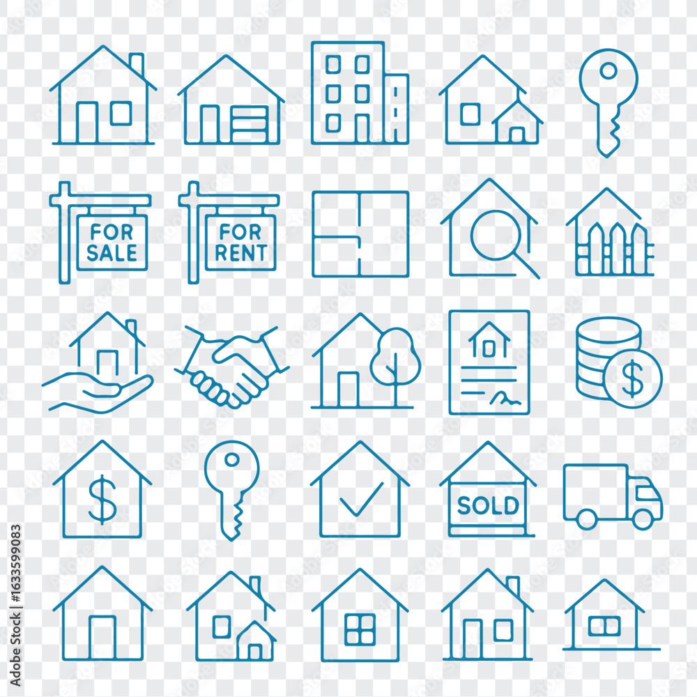 Fototapeta premium A diverse set of hand-drawn real estate icons including various house styles buildings keys and sale signs all presented isolated on a transparent background
