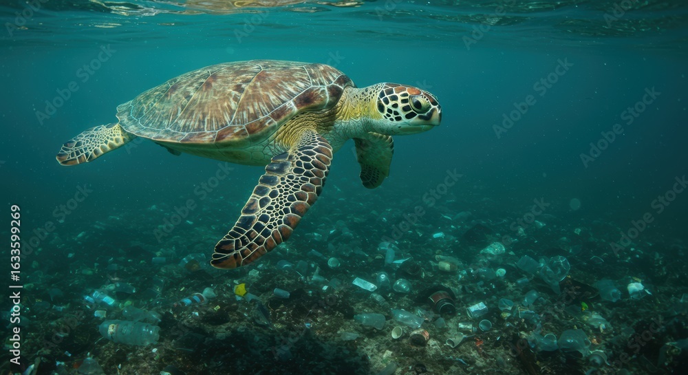 Fototapeta premium Green sea turtle swims in ocean with plastic waste highlighting pollution and the urgent need for ocean conservation