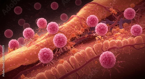Detailed depiction of cellular interaction during an immune response process visualized under