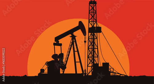 Silhouetted oil pump and tower against a sunset