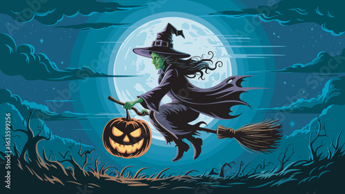 Whimsical Witch Soaring Through the Night Sky on a Broomstick with a Jack-o'-Lantern