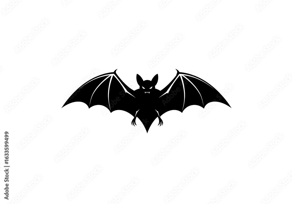 Fototapeta premium A striking black silhouette of a bat with wings spread wide against a stark white background design