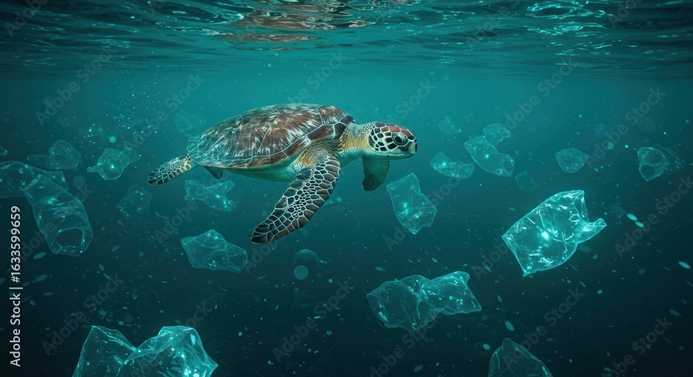 Fototapeta premium Sea turtle swims through polluted ocean waters filled with plastic waste posing a threat to marine life and ocean ecosystems