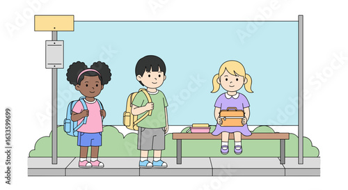 Waiting for the School Bus: A diverse group of children, each with their own unique style and backpacks, patiently await their school bus at a designated bus stop.