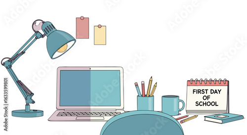 First Day of School Desk Setup: A charming digital illustration of a desk prepared for the first day of school, featuring a laptop, stationery, and a calendar