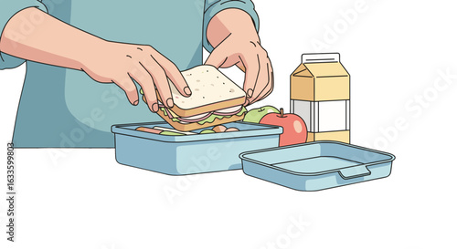 Preparing a Nutritious Lunchbox: The image highlights a person artfully arranging a sandwich within a lunchbox, complemented by a wholesome apple and a carton of juice.