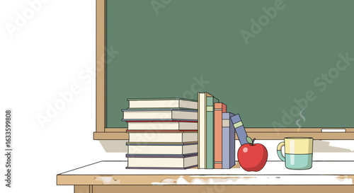 Back to School Still Life: a collection of books, and an apple create a perfect still life, evoking the essence of learning, knowledge, and the welcoming of a new school year.