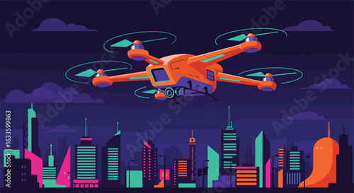 Orange drone flies over a colorful, vibrant city skyline at night