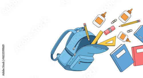 Backpack Essentials: A meticulously crafted illustration showcasing the essential school supplies, including pencils, notebooks, glue, and a ruler, cascading from a backpack.