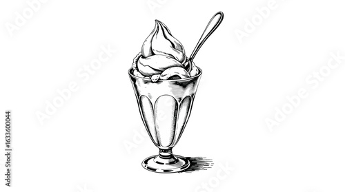 Delightful Sundae Dessert: A detailed illustration of a classic ice cream sundae, presented in a charming glass, with a delicate spoon and a generous swirl of creamy ice cream