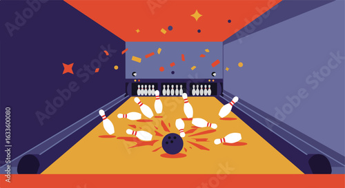 Graphic bowling alley with scattering pins and confetti after a strike