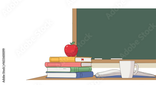 Education Essentials: A stack of colorful books and a ripe apple sit on a desk in front of a blackboard, embodying the core components of education and learning.